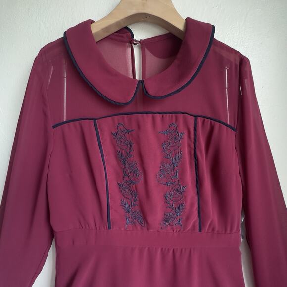 Modcloth NWT Burgundy Pretty Performative Embroider Dress Long Sleeve Retro Sz L - Picture 2 of 14